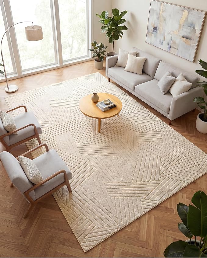 Carvapet 5x7 Area Rug - Beige Modern 3D High Low Pile Texture Floor Carpet, Cozy Knitted Swirl Pattern Washable Soft Plush Rug with Skid-Resistant Backing for Living Room Bedroom