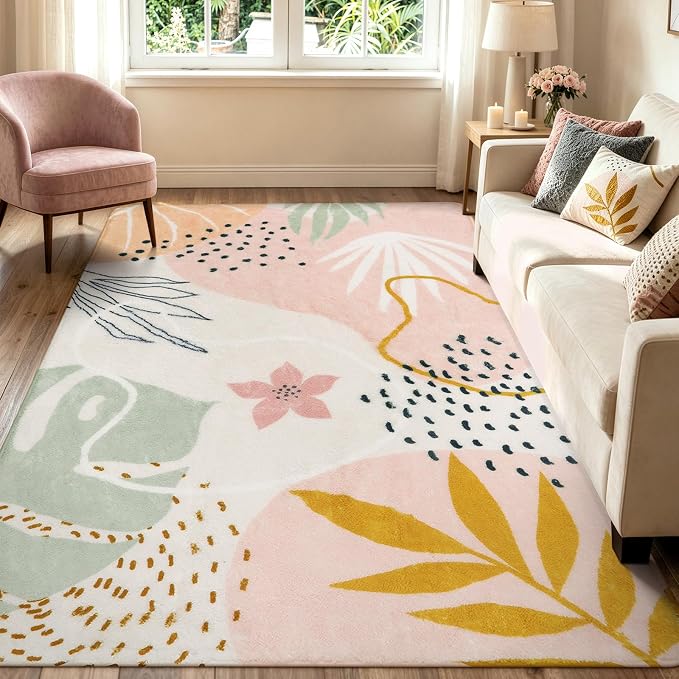 Lahome Pink Boho Bedroom Rug 5x7, Washable Non Slip Soft Botanical Area Rug for Girls Bedroom Kids Room Cozy Nursery Toddler Living Room Apartment Decor