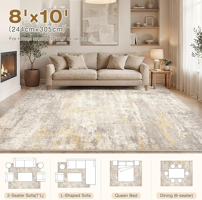 cotiled 8x10 Area Rugs Abstract Soft Non Slip Washable Living Room Rug | Stain Resistant, Robot Vacuum & Pet Friendly, Low-pile, For Living Room, Bedroom, Dining Table, Nursery Gold/Grey/Brown