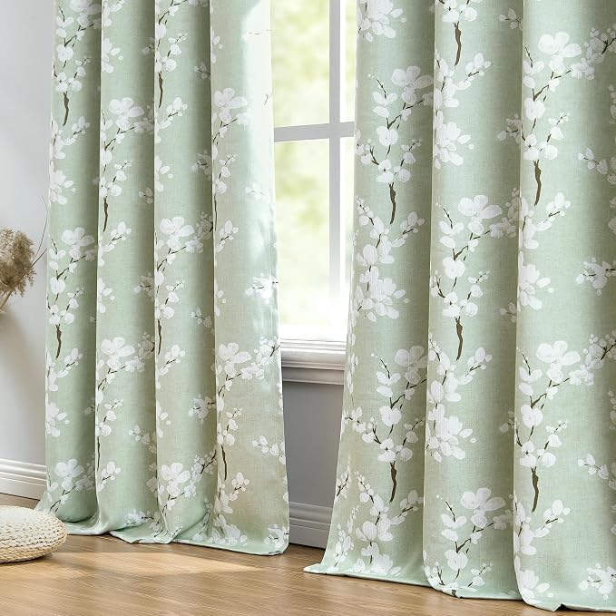 FMFUNCTEX 100% Blackout Green Floral Curtains, Rod Pocket 18 Inch 1 Panel | Black Out Drapes, Thermal Insulated, Blossom Patterned Short Panel for Kitchen Curtains, Cafe, Bathroom, Door Glass