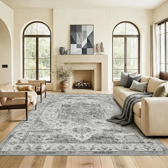 5x7 Area Rug for Living Room-Vintage Farmhouse Boho Floral Washable Stain Resistant Indoor Carpet for Bedroom Office and Home Decor(Black&Grey)