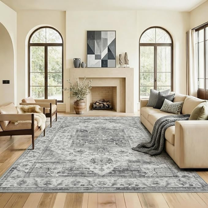 9x12 Area Rug for Living Room-Vintage Farmhouse Boho Floral Washable Stain Resistant Indoor Carpet for Bedroom Office and Home Decor(Black&Grey)