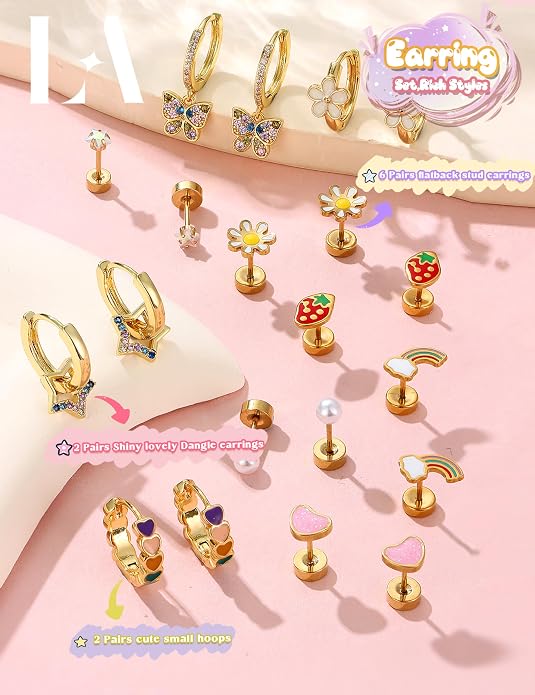 LOLIAS Hypoallergenic Earrings for Girls Flat Back-Stainless Surgical Steel Earrings for Sensitive Ears Women Cute Hoops Flatback Studs Screw Back Toddler Kids Teen Girls Earrings Jewelry