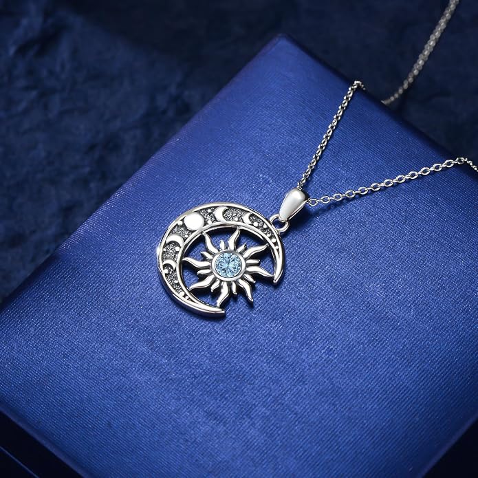 Sun and Moon Necklace 925 Sterling Silver Sun Moon Pendant Gemstone Jewelry Gifts for Women