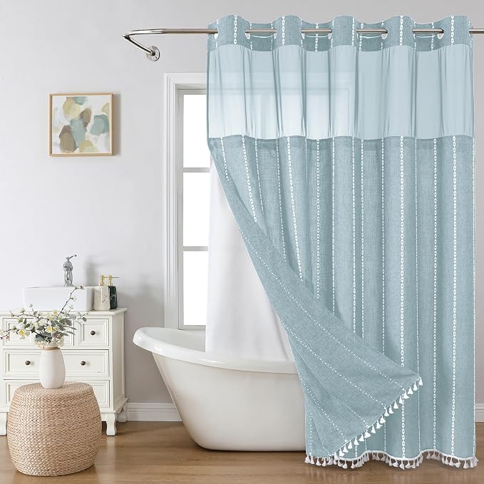 eachope No Hook Long Shower Curtain Set with Snap-in Fabric Liner,Linen Textured Thick Striped Fabric with Tassels,Boho Farmhouse Rustic Luxury Bathroom Curtain,Water-Repellent,Fog Blue,71x80