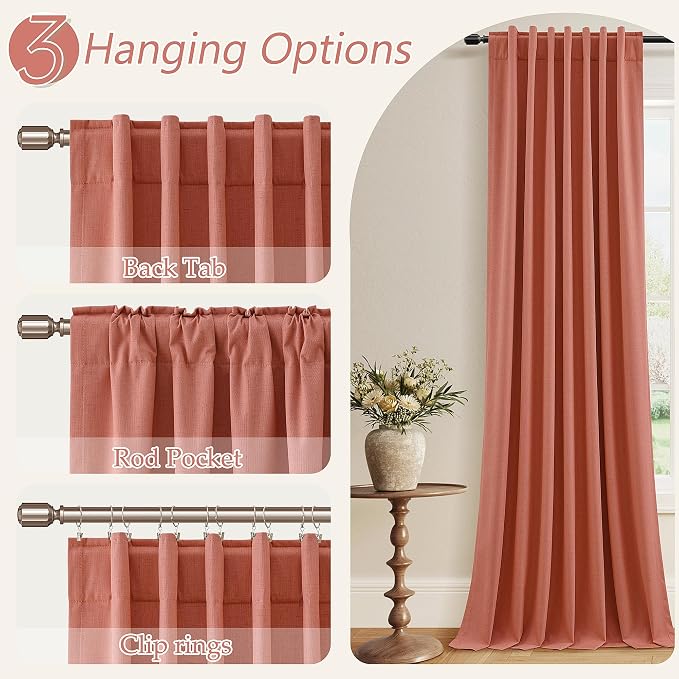 Guken Coral 100% Blackout Linen Curtains 120 Inch Length 2 Panels Set for Living Room Bedroom Back Tab/Rod Pocket Thermal Insulated Farmhouse Black Out Drapes Room Darkening,52x120