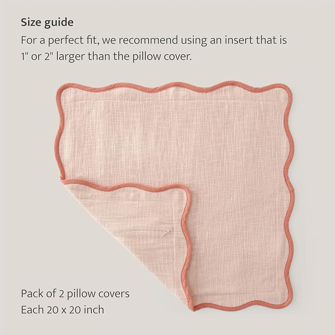 Double Stitch Scalloped Throw Pillow Covers - 100% Cotton Set of 2 Decorative Boho Pillow Covers 20 x 20, Made in India, Square Cushion Case, Modern Home Decor for Couch Sofa Living Room, Shell Pink