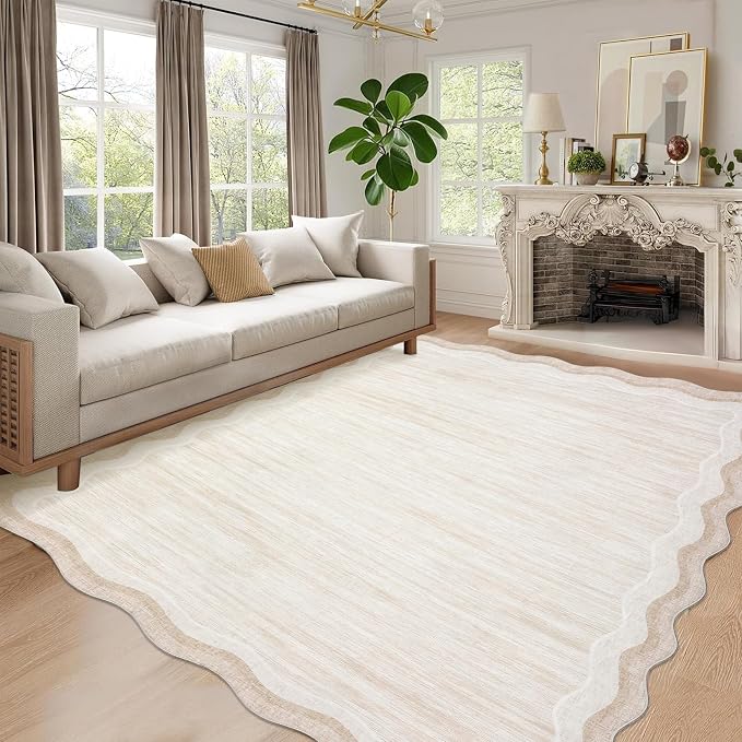 Garvee Scalloped 8x10 Rugs Washable Area Rugs for Living Room,Modern Stain Resistant Solid Rug for Bedroom, Scalloped Low Pile Non-Slip Neutral Rug for Farmhouse Dining Room Home Office Dorm,Cream | Rugs for Living Room, Non-Slip Soft Carpet for Bedroo...