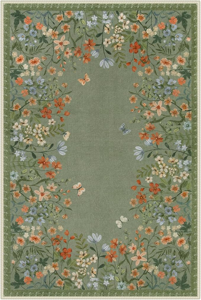 Wonnitar 2x3 Washable Area Rug, Green Floral Entryway Rug, Boho Small Non Slip Rug for Bathroom, Soft Kitchen Accent Carpet, Ultra Thin Bedside Laundry Decor (2x3 Green)