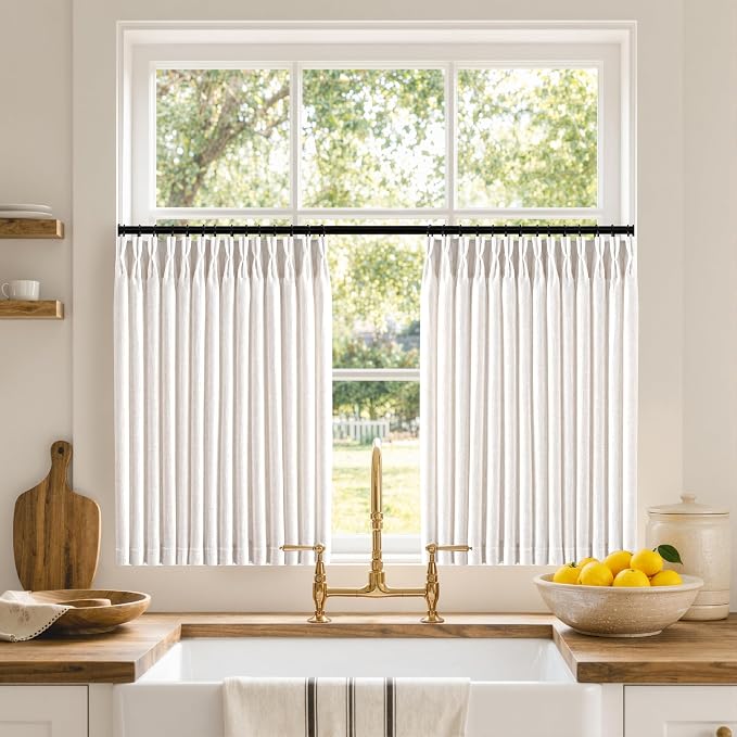 MIULEE Pinch Pleated Thick Linen Curtains 24 Inches Long 2 Panels for Kitchen Bedroom, Small Short Linen Textured Memory Trained Drapes Pleat Back Tab Light Filtering Natural Half Window Curtains