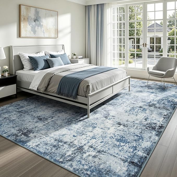 Rugflix 8x10 Area Rugs for Living Room, Washable Large Rug Stain-Resistant Low Pile, Modern Dark Carpet for Dining Room Home Office Kid Room Nursery Bedroom, Blue Grey/Black