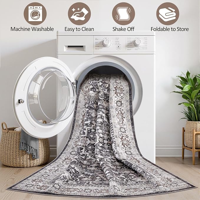 Runner Rug Kitchen Washable Rugs: 3x10 Non-Slip Boho Vintage Distressed Stain Resistant Indoor Floor Moody Oriental Throw Carpet for Hallway Bathroom Laundry Room Entryway Bedroom- Black