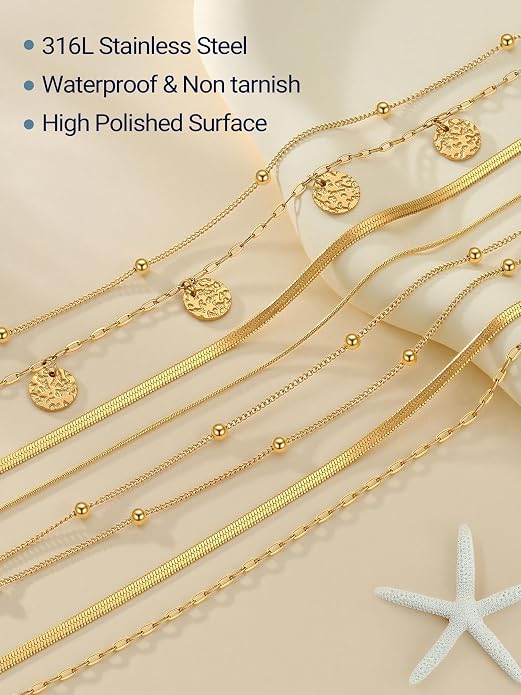 PROSTEEL Ankle Bracelets for Women Waterproof, Layered Stainless Steel Summer Beach anklets, Silver/Gold 8-10.5 Inch Adjustable, Come with Box