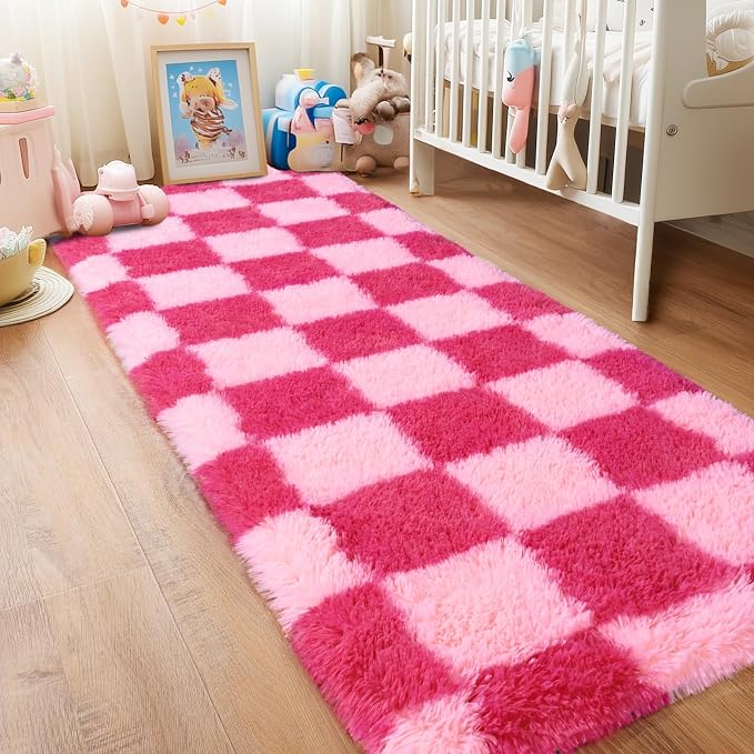 Pionblank Checkered Rug for Bedroom 2x6, Modern Fluffy Runner Rugs for Living Room, Super Soft Shaggy Bedside Carpet for Kids Room Nursery Teens Dorm Decor, Hot Pink
