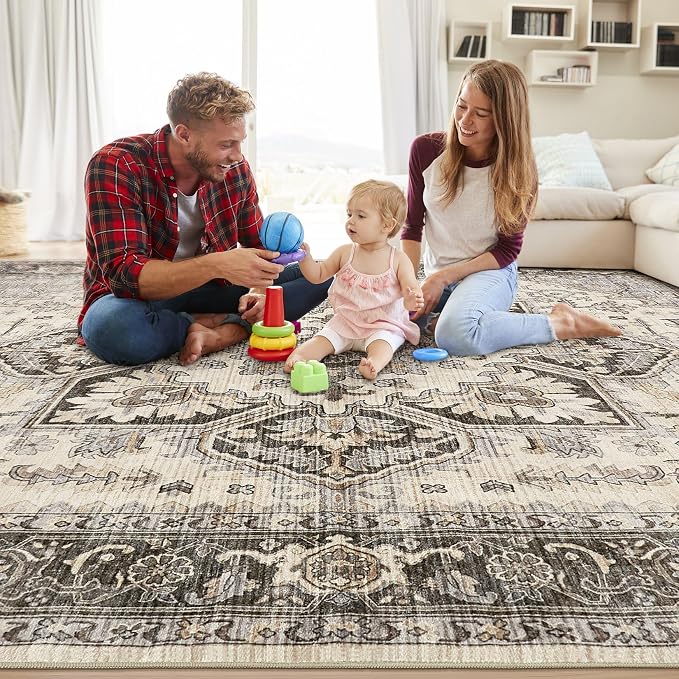 9x13 Area Rugs for Living Room - Large Carpet Ultra Thin Soft Washable Oriental Vintage Floral Distressed Rug Big Indoor Carpets for Bedroom Nursery Dorm Home Decor Aesthetic - Grey Brown