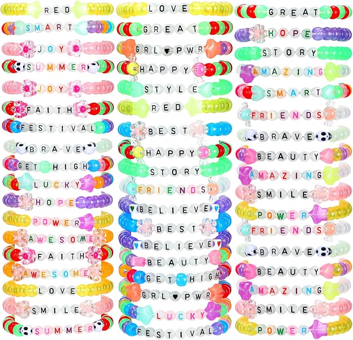 Equsion 48 Pcs Music Party Supply Rave Kandi Bracelets Glow in the Dark Wear and Trade Handmade Party Rave Bracelets Alphabet Plus Music Festival Accessories Every Time for Women Men