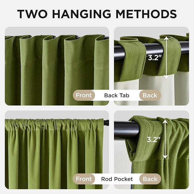 Joydeco 100% Blackout Velvet Curtains Moss Green 108 Inch Back Tab | Luxury Thermal Insulated Velvet Curtains for Bedroom Living Room, Soundproof Blackout Window Drapes