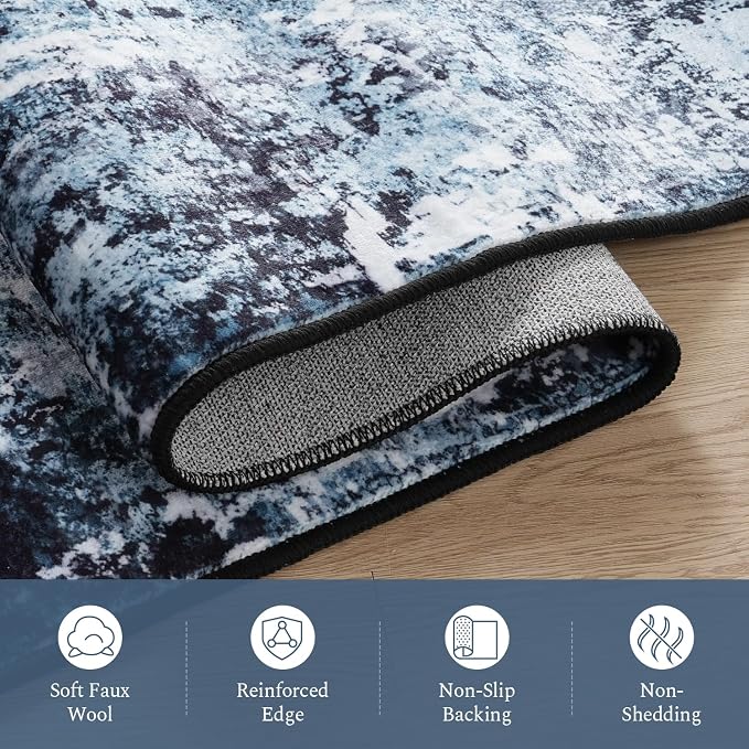 Rugflix 7x10 Area Rugs for Living Room, Washable Large Rug Stain-Resistant Low Pile, Modern Dark Carpet for Dining Room Home Office Kid Room Nursery Bedroom, Navy Blue/Black