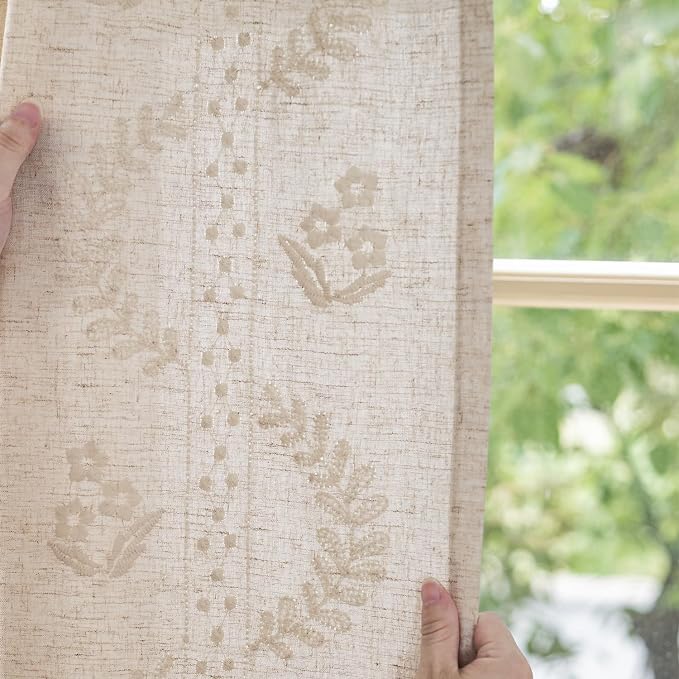 jinchan Floral Linen Curtains 84 Inch Farmhouse Back Tab 2 Panels Ivory | Embroidered curtains,boho curtains,living room,bedroom,light filtering,privacy,flower patterned drapes,window treatment