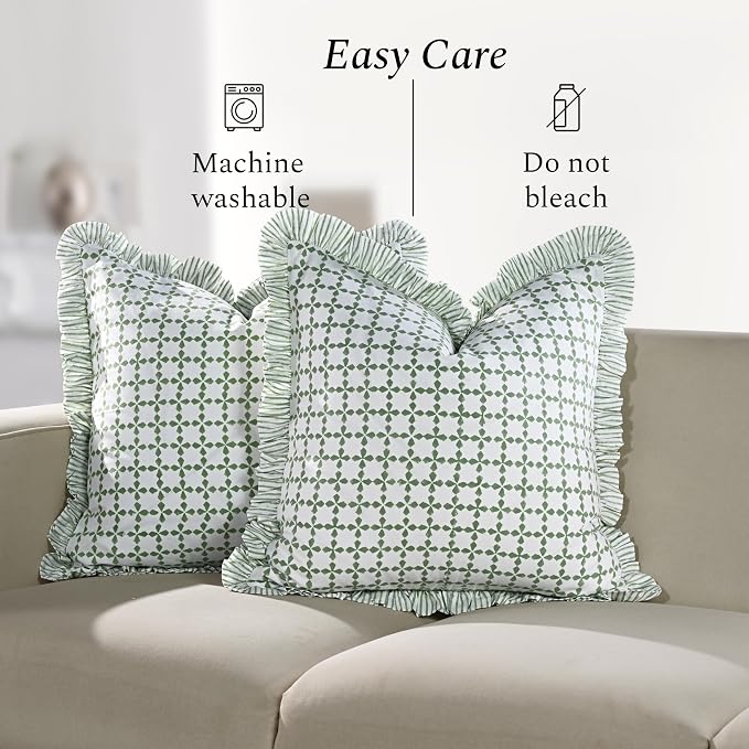CPC Kelly Green Hand Block Print 100% Cotton Ruffle Throw Pillow Cover 20x20 inch with Hidden Zipper Decorative for Couch, Bed, Sofa, Farmhouse, Cottagecore Decor Gift Christmas Fall Thanksgiving