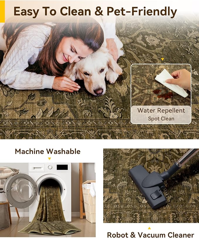 RELEANY Area Rugs Runner 2'6"x5' Washable Non-Slip, Floral Vintage Distress Medallion Carpet for Kitchen Hallway Bedroom Beside Laundry Room Bathroom, Brown Dark Brown