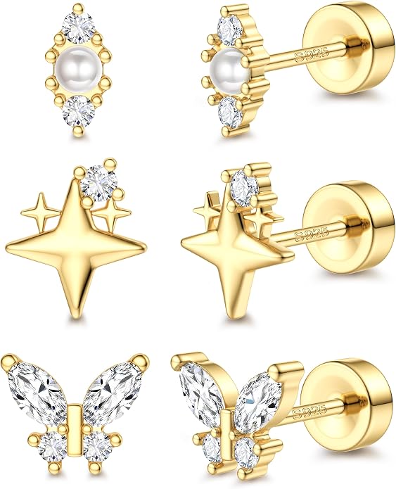 ORAZIO 925 Sterling Silver Flat Back Stud Earrings for Women Hypoallergenic 14K Gold Plated Cartilage Earrings for Sensitive Ears Small CZ Opal Conch Helix Tragus Piercing Jewelry 3 Pairs 20G