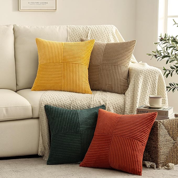 MIULEE Fall Green Rust Throw Pillow Covers 18x18 Inch Set of 4 Boho Farmhouse Soft Corduroy Striped Cushion Cases Decorative Color-Clash Home Decor for Couch Sofa Living Room Bed