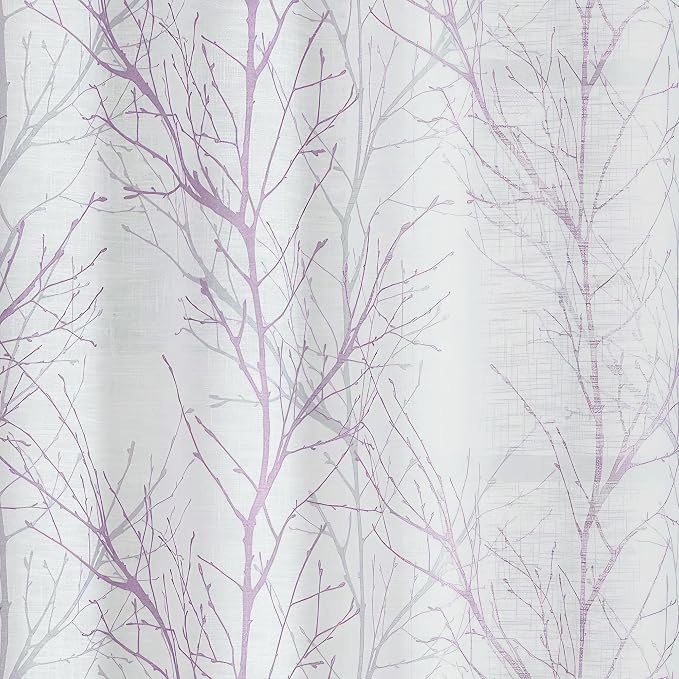 FMFUNCTEX Linen Lilac White Semi Sheer Print Curtains 96 Inch Long 2 Panels | Branch Sheer Patterned Drapes, Light Filtering Grommet Panels for Bedroom, Living Room, Basement, and Farmhouse Curtain