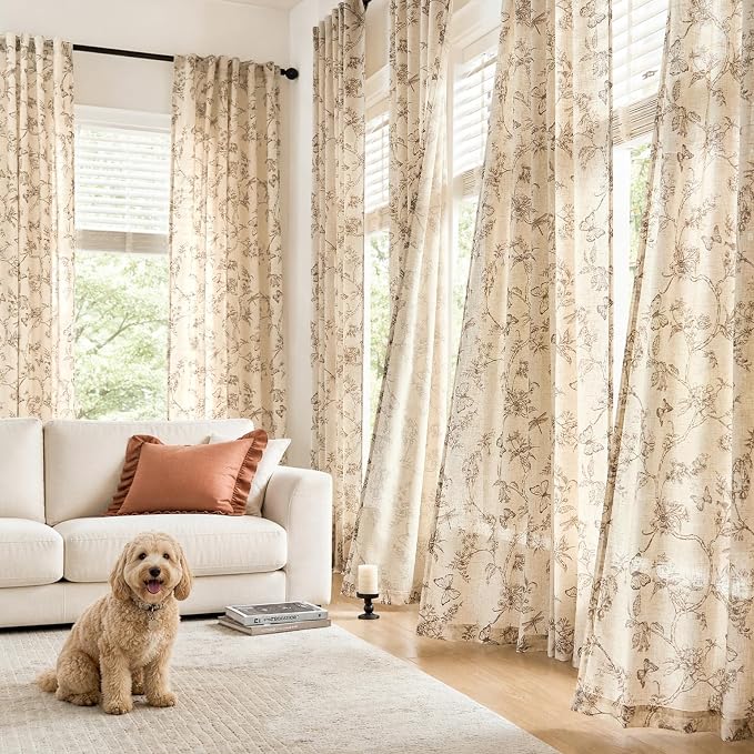 Lazzzy Charlotte Linen Cottage Core Curtains Taupe Floral Curtains 63 Inch Length Back Tab Drapes for Living Room Bedroom Light Filtering Country Vintage Rod Pocket Curtain, 2 Panels, Taupe on Beige