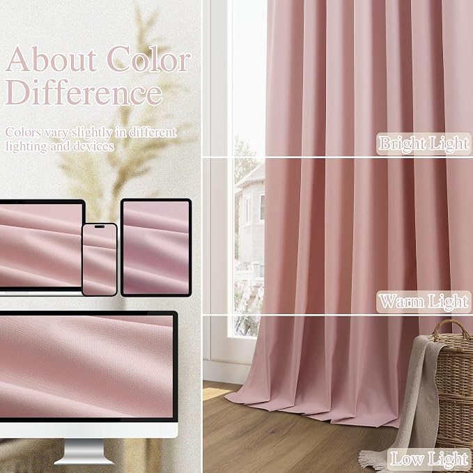 Guken 100% Blackout Linen Curtains 96 Inch 2 Panels Set for Girl's Bedroom, Living Room, Nursery, Back Tab Thermal Insulated Black Out Drapes Room Darkening, Pink