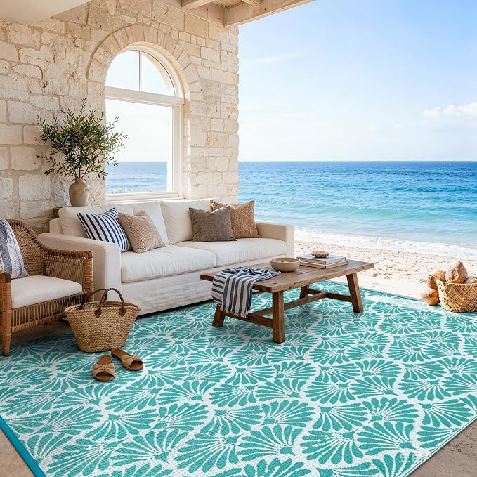 Lahome Outdoor Rugs for Picnic Camping 6x9, Blue Plastic Straw Reversible Rv Beach Rug, Waterproof Lightweight Outdoor Carpet for Pool Beach Balcony Tent Patio Deck, Teal 6'x9'
