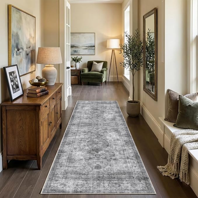 2x6 Runner Rug for Entryway Hallway-Vintage Farmhouse Boho Floral Neutral Washable Stain Resistant Indoor Rugs for Home Decor(Ashen Black)