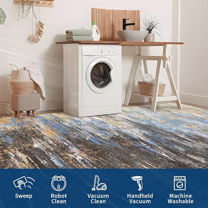 ROYHOME Modern Abstract Living Room Rug 10x13, Machine Washable Large Carpet, Non Slip Low Pile Throw Rug, Ultra Soft Indoor Floor Carpet for Bedroom Dining Room Table Home Decor, Blue/Brown