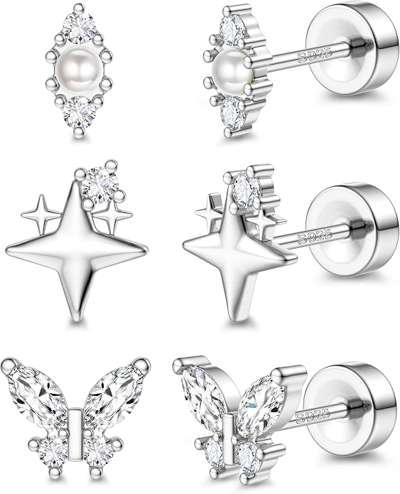 ORAZIO 925 Sterling Silver Flat Back Stud Earrings for Women Hypoallergenic 14K Gold Plated Cartilage Earrings for Sensitive Ears Small CZ Opal Conch Helix Tragus Piercing Jewelry 3 Pairs 20G