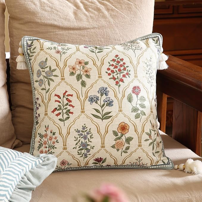 ISAENNE Designer Vintage Linen Throw Pillow Cover,18"x18"-Serenity B | French Elegant Square Decor Pillow Cover,Concealed Zipper Design,Colorful Floral Pattern,Sofa,Bedroom,Living Room,Chairs