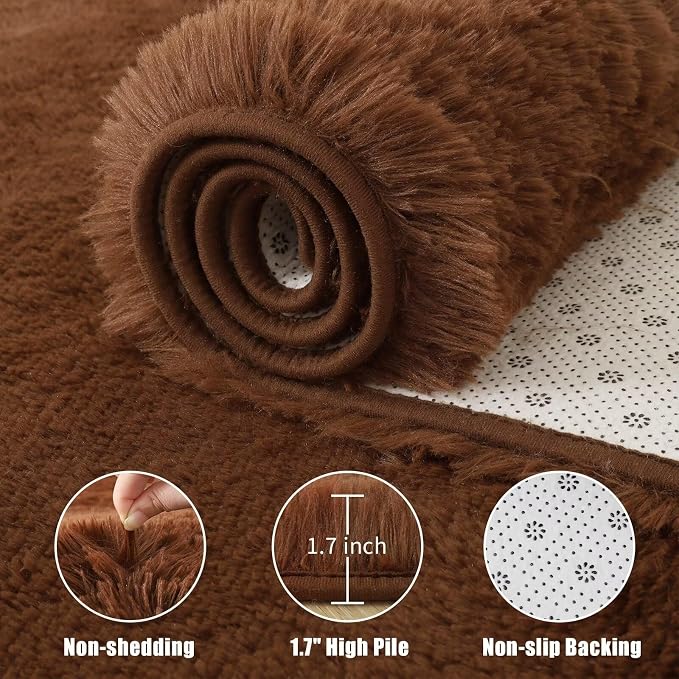 Macgace Small Throw Rugs for Bedroom, 2x3 Brown Mini Non-Slip Area Rug, Super Soft Plush Fluffy Carpet Modern Home Decor Aesthetic for Entryway Entrance Nursery Kids Room Dorm Office