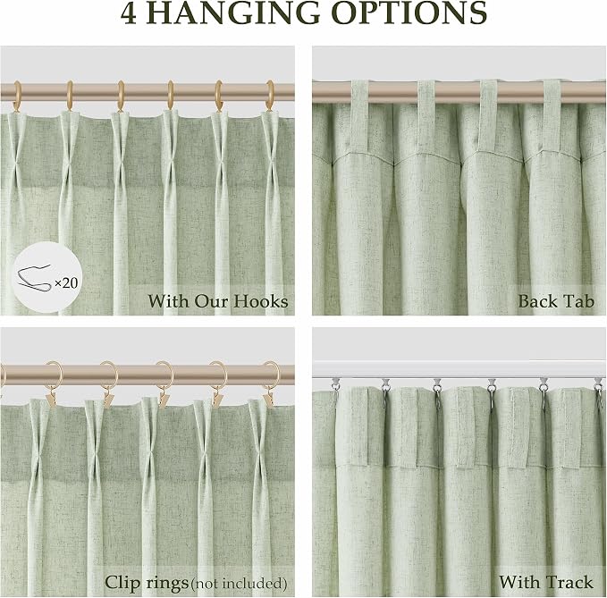 Aersas Mist Sage Pinch Pleated Linen Curtains 96 Inch Length 2 Panels for Living Room Bedroom Semi Sheer Window Curtain Boho Neutral Back Tab Pinch Pleat Drape with Hooks 40x96