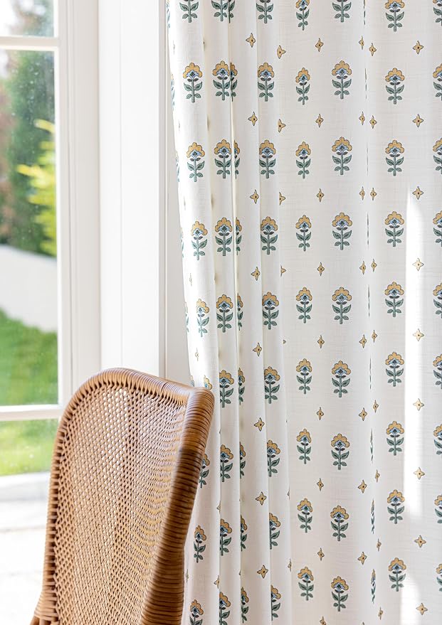 DrapePalette - Linen Blend Pinch Pleated Curtains 102 Inches Long for Living Room, Bedroom, Dining Room, Light Filtering Curtains 2 Panels Set, Modern Floral Printed Design, Golden Bloom, 30"W x 102"L