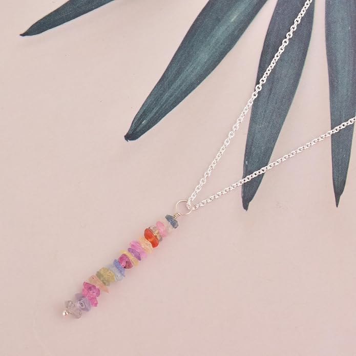 Natural Raw Multi Sapphire Stone Rough Crystal Gemstone Dainty Women Pendant Necklace, Chakra Healing Crystals, Birthstone, Gift, 925 Sterling Silver Chain 18 inch (multi-sapphire)
