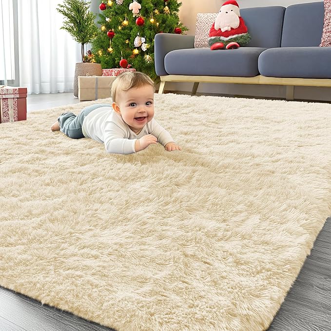 OLANLY Area Rugs for Living Room Bedroom, Machine Washable 4x5.9 ft Soft Fluffy Shaggy Bedside Rug, Indoor Floor Carpet for Kids Girls and Boys, Dorms, Nursery Rooms, Home Decor Aesthetic, Cream