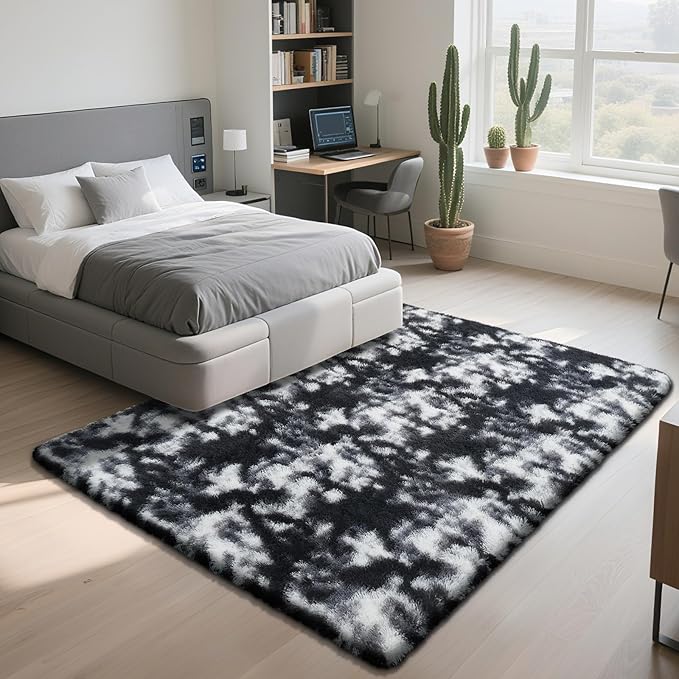 Fluffy Rug Shag Area Rug, Mottling Black 4x6 Area Rugs for Bedroom, Small Bedside Rug, Soft Fluffy Shag Entryway Throw Rugs for Living Room Bedroom Room Home Decor