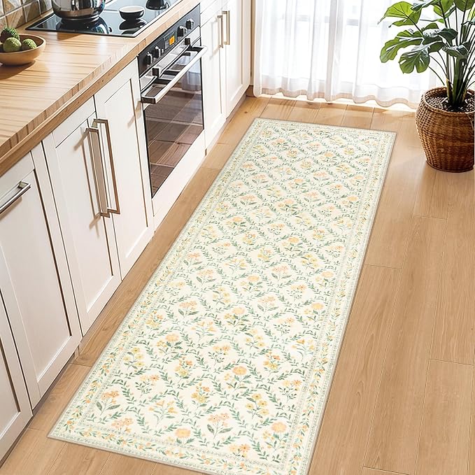 Runner Rug for Entryway: 2x5 Kitchen Rugs Non Slip Washable Ultra-Thin Soft Floral Carpet Indoor Floor Stain Resistant Carpets for Hallway Bedroom Kitchen Laundry Bathroom Dorm Beige/Multi