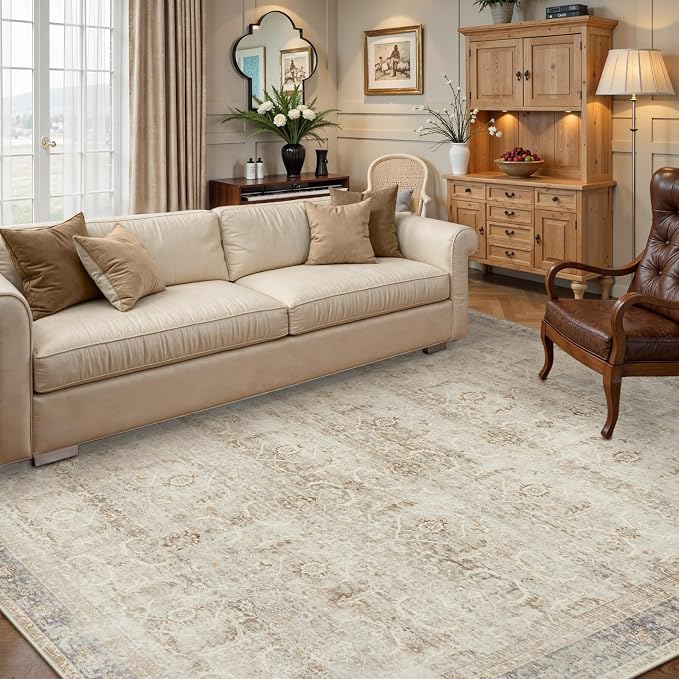 Collive Washable Area Rug 8x10, Neutral Boho Rugs for Living Room Rugs 8x10 Non Slip Farmhouse Modern Bedroom Carpet Stain Resistant Aesthetic Print Accent Floor Mat for Dining Guest Office - Tan