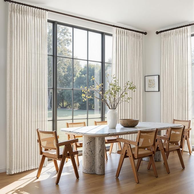 Birch Pleated Extra Long 105 Inch Curtains for Sliding Glass Doors, Memory Shape Pinch Pleat Semi Sheer Thick Natural Linen Large Drapes Light Filtering Aesthetic Window Curtain 4 Panels Set