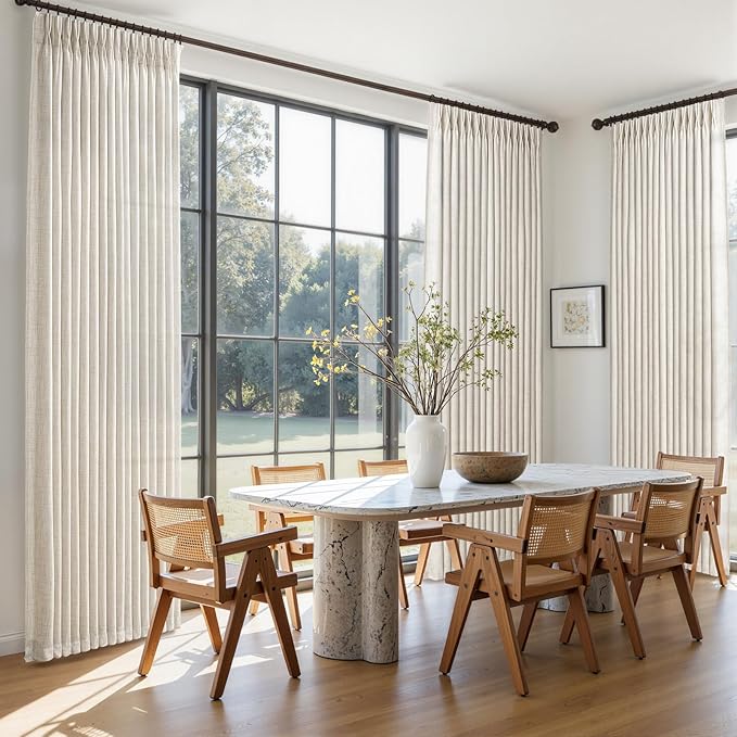 Birch Thick Linen 50 Inch Wide Viral Curtains 90 Inches Long for Sliding Glass Doors 2 Panels Set, Memory Shape Pinch Pleated Farmhouse Semi Sheer Light Filtering Dining Room Cream Ivory Window Drapes