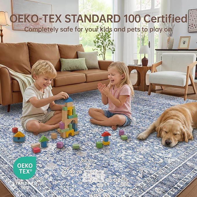 Sasttie 9x12 Area Rug, Ultra-Soft Washable Rug, Low Pile Foldable Thin Carpets with Non-Slip Backing, Skin-Friendly Stain Resistant Carpet for Living Room, Bedroom, Kitchen, Dorm, 9x12, Blue