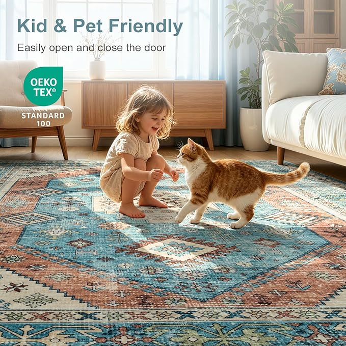 Lofus Vintage Living Room Rugs 8x10, Soft Machine Washable Area Rug for Bedroom Indoor Floor Home Office House Decor, Oriental Traditional Distressed Farmhouse Carpet, Boho Terracotta and Blue