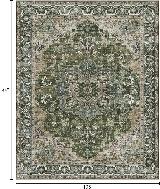 LUXRUG Area Rugs 9x12 Living Room - Large Washable Moss Green Boho Rugs for Bedroom Soft Vintage Rug Ultra-Thin Farmhouse Oriental Carpet Stain Resistant Rug for Dining Room Guest Room Home Decor
