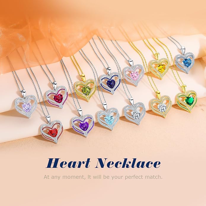 Anniversary Charm Necklace, Sterling Silver 14K Gold Plated Chain with Interlocking Heart Pendant Elegant Birthstone Necklaces for Women, Length 18"