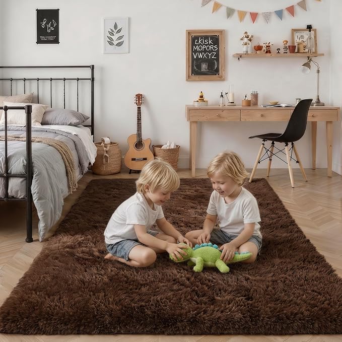 8x10 Area Rugs for Living Room Bedroom: Ultra Soft Fluffy Shag Rug Upgrade Non-Slip Non-Shedding Large Fuzzy Plush Carpet Indoor Floor Carpets for Kids Room Playroom Nursery Dorms Home Decor Brown